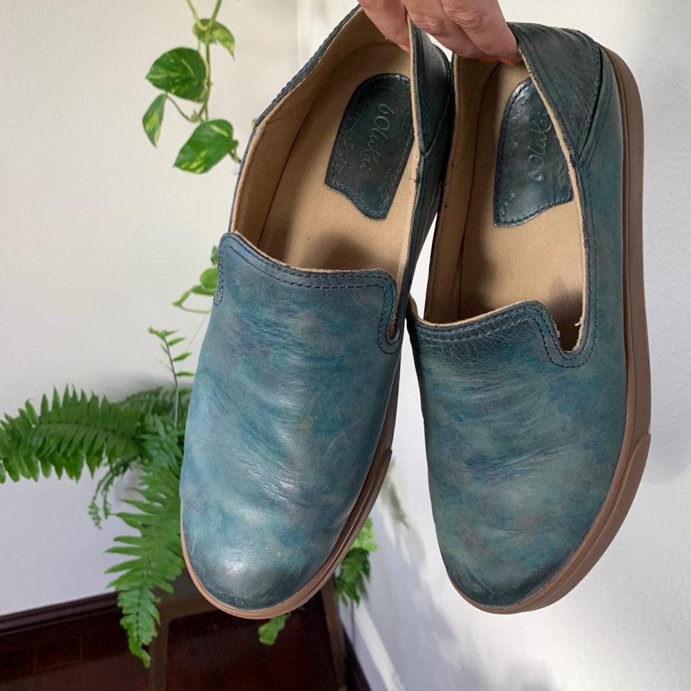OluKai turquoise leather slip-ons